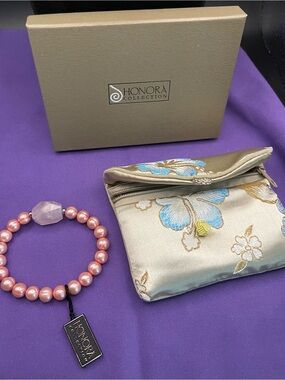NWT Honora Pink Freshwater Pearl Stretch Bracelet sterling silver Rose Quartz